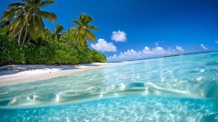 Crystal-clear turquoise sea reflecting blue sky, with an idyllic island covered in green palms_003