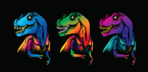 Wall Mural - Tyrannosaurus Rex in a summer shirt. Original vector illustration in vintage style. T-shirt design.