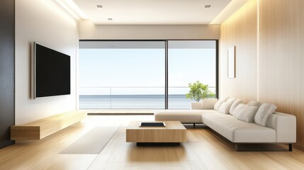 Wall Mural - Modern Minimalist Living Room with Panoramic Ocean View