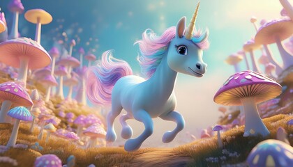 Wall Mural - A whimsical unicorn gallops through a vibrant, magical landscape filled with colorful mushrooms under a dreamy sky.