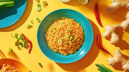 Noodles with Ginger and Chili Peppers on Yellow Background