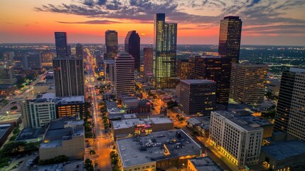 Wall Mural - Aerial view of a city skyline at sunset, showcasing buildings and urban life.