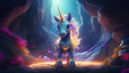 A mystical unicorn surrounded by colorful aquatic flora illuminates a cave, radiating magic and wonder.