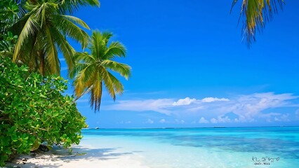 Crystal-clear turquoise sea reflecting blue sky, with an idyllic island covered in green palms_086