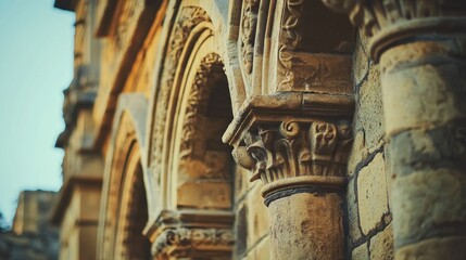 Canvas Print - Close-up of ornate stone architecture featuring detailed arches and carvings.