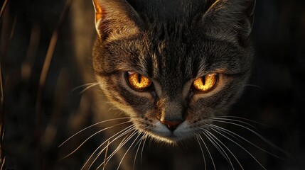 Sticker - A close-up of a cat with striking orange eyes, set against a dark background.