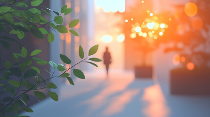 Canvas Print - A blurred silhouette walks through a walkway bathed in the golden glow of the setting sun.