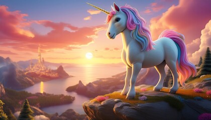 A magical unicorn stands on a rocky cliff, gazing at a colorful sunset over an enchanted landscape with mountains and shimmering waters.