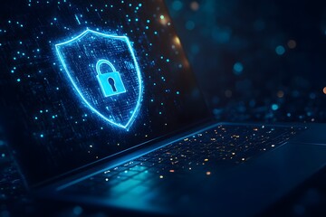 Poster - Laptop with a digital shield and lock on the screen, signifying data protection in a cybersecurity concept.