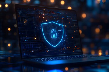 Poster - Laptop with a digital shield and lock on the screen, signifying data protection in a cybersecurity concept.