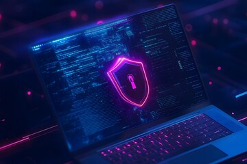 Poster - Laptop with a digital shield and lock on the screen, signifying data protection in a cybersecurity concept.