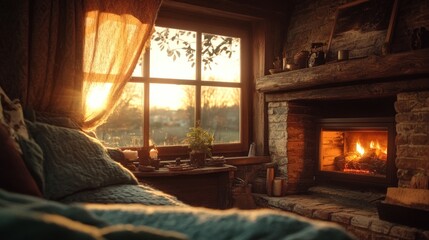 Canvas Print - Cozy interior with a fireplace and sunset view, creating a warm, inviting atmosphere.