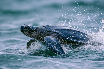 Wall Mural -  Leatherback Turtle Breaching Surface with Water Droplets Flying Off Shell