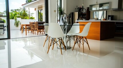 Canvas Print - Modern dining area with glass table and stylish chairs, overlooking an outdoor space.