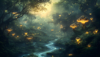 A mystical forest with glowing mushrooms, winding rivers, and floating islands, creating a magical and otherworldly feel