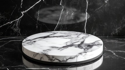 Sticker - A circular marble display stand on a dark marble surface, ideal for showcasing products.