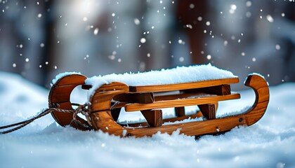 Wall Mural - Nostalgic wooden sled gliding over a winter wonderland, capturing the essence of outdoor sports and seasonal joy