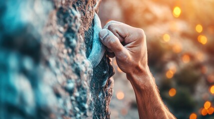 Wall Mural - A climber grips a rock hold during a sunset, showcasing determination and adventure.