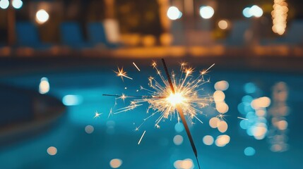 Wall Mural - Happy New Year, Glittering burning sparkler with swimming pool bokeh light background, new year count down, Birthday party and celebration.