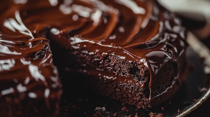 Poster - A rich chocolate cake with glossy frosting, showcasing a slice revealing its moist interior.