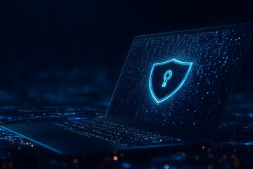 Poster - Laptop with a digital shield and lock on the screen, signifying data protection in a cybersecurity concept.