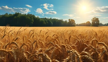 Wall Mural - Lush golden wheat field bathed in sunlight beneath a vivid blue sky, embodying the essence of harvest and rural agriculture