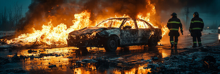 Wall Mural - Two firefighters watch a car burn in a dramatic scene.