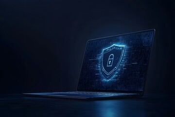 Poster - Laptop with a digital shield and lock on the screen, signifying data protection in a cybersecurity concept.
