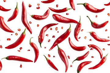 bunch of red peppers are flying through the air. The peppers are scattered all over the image, with some of them being broken and others still whole. The scene gives off a sense of chaos