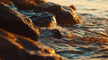 Poster - A serene view of water splashing against rocks during sunset, highlighting nature's beauty.