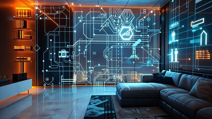 Poster - This living room features a comfortable couch, illuminated by orange lighting, alongside a digital projection of circuitry patterns on the wall, creating a high-tech ambiance.