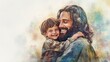 © Johannes - Jesus Christ with a kid in his arms, smiling. Digital watercolor painting transparent background