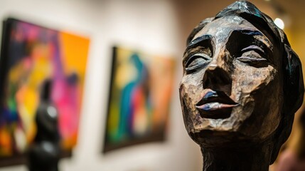 Poster - A close-up of a sculpted head with abstract colorful paintings in the background.