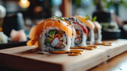 Sticker - A close-up of sushi rolls on a wooden platter, showcasing fresh ingredients and presentation.