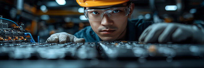 Asian man in safety gear working on a machine.