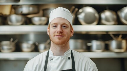 Wall Mural - A confident chef stands in a professional kitchen, surrounded by cooking equipment.