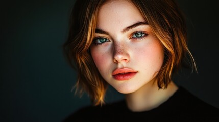 Wall Mural - Portrait of a Young Woman with Short Brown Hair and Green Eyes