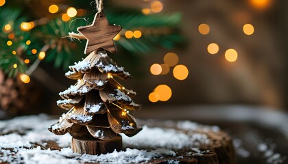 Wall Mural - Rustic wooden Christmas tree ornaments hanging on twine with sparkling bokeh lights, embodying the spirit of handmade holiday decorations and winter festivities.