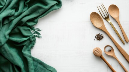 A green tablecloth and cooking utensils spread on a white wooden table, leaving empty space in the middle for text or product montage.