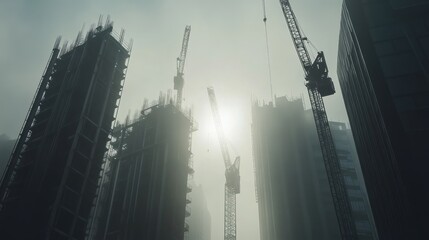 Canvas Print - A foggy construction site with cranes towering over unfinished buildings.