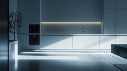 Sticker - A modern kitchen interior with sleek lines and ambient lighting.