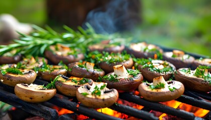 Savory grilled mushrooms on a barbecue adorned with fresh herbs, celebrating outdoor cooking and the essence of healthy vegetarian cuisine