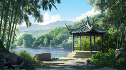 Wall Mural - beautiful sight seeing anime background of a peaceful lake