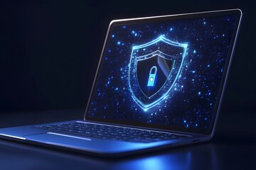 Poster - Laptop with a digital shield and lock on the screen, signifying data protection in a cybersecurity concept.