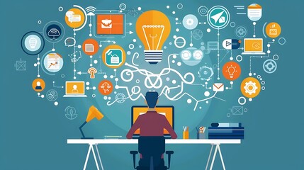 Poster - Man working on his laptop in an office with ideas and concepts flowing around him, representing innovation and creativity.