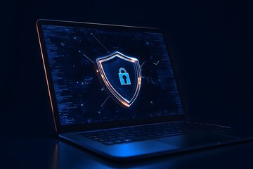 Poster - Laptop with a digital shield and lock on the screen, signifying data protection in a cybersecurity concept.