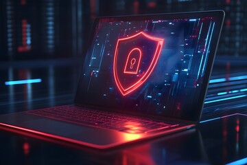 Poster - Laptop with a digital shield and lock on the screen, signifying data protection in a cybersecurity concept.