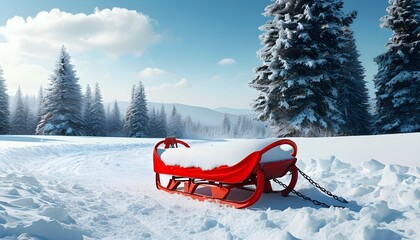 Wall Mural - Winter adventure with a red sled in a snow-covered landscape, capturing the essence of outdoor fun and seasonal play