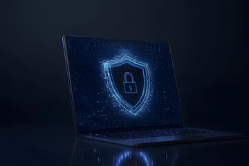 Poster - Laptop with a digital shield and lock on the screen, signifying data protection in a cybersecurity concept.
