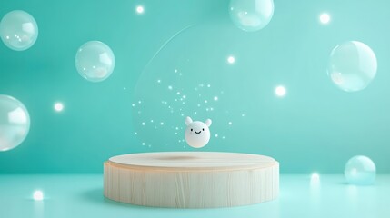 Canvas Print - A cute character floating above a wooden platform, surrounded by bubbles and sparkles.